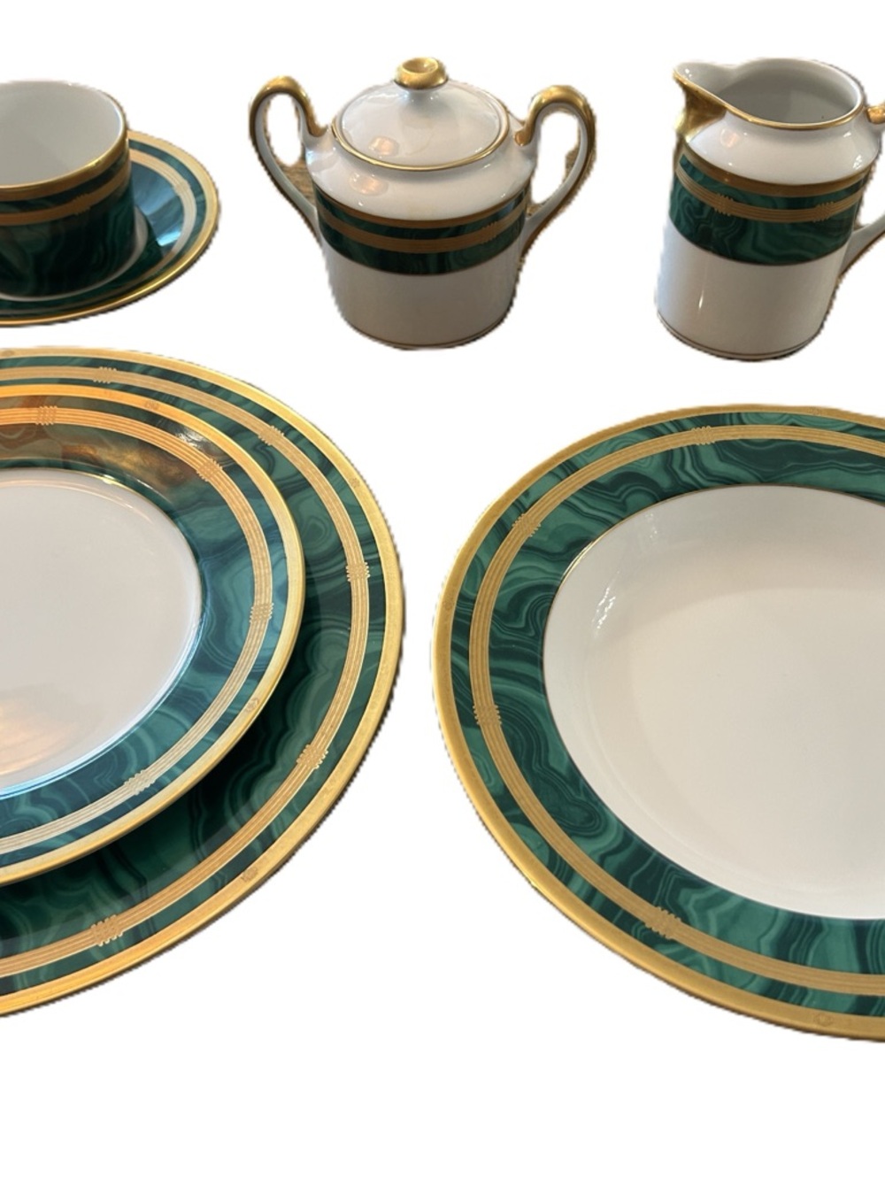 Dior White Porcelain Set with Green Malachite-Style Bands and Gold Trim